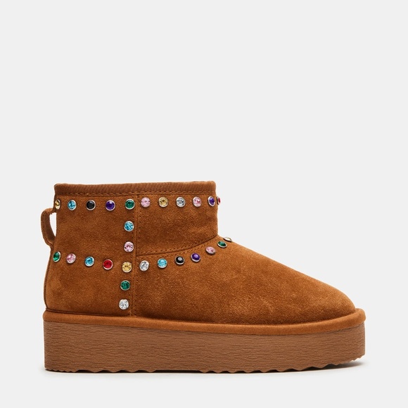 NWT Steve Madden COMFY Chestnut Suede Rhinestone Faux Fur Platform Bootie Sz 9 - Picture 1 of 12